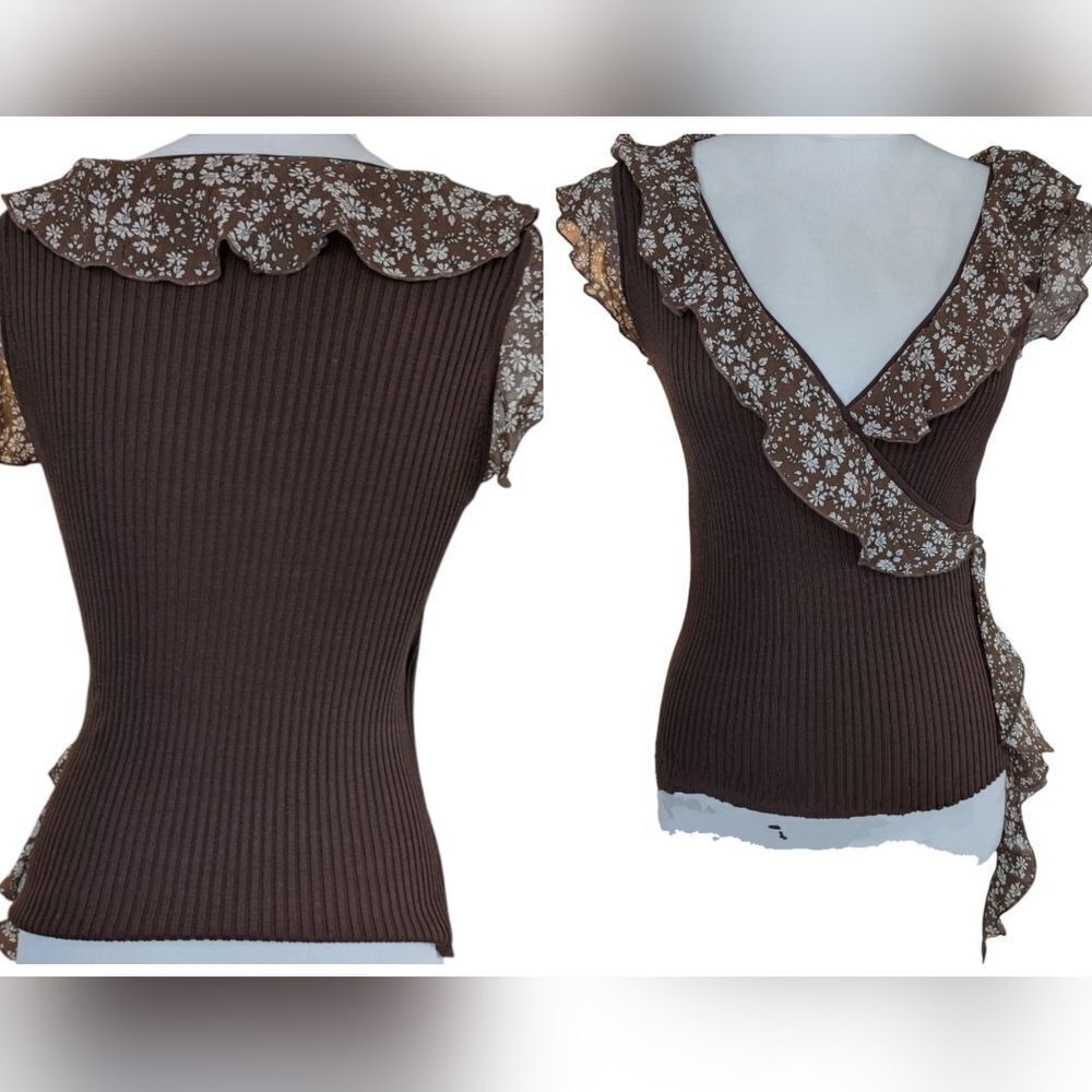 Brown Ribbed Floral Trim Wrap-Style Blouse